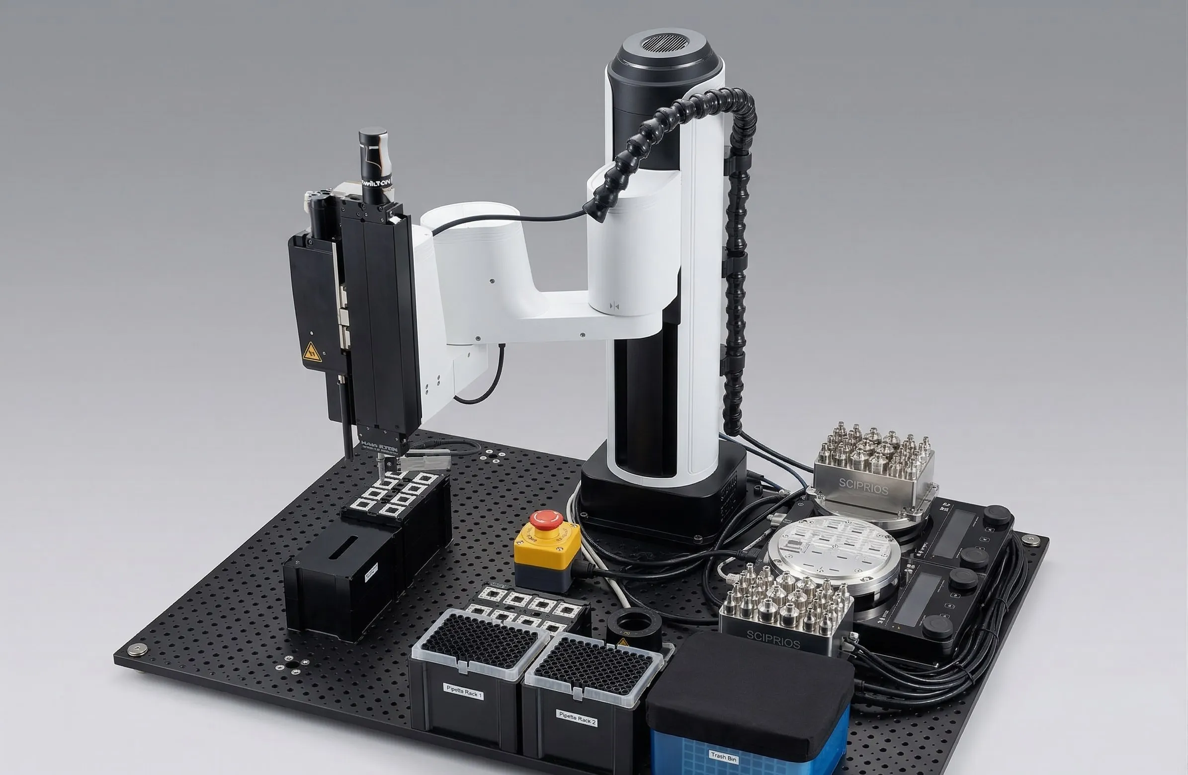AI-generated illustration of a benchtop robotic self-driving lab platform. Not a photograph of the installed hardware.